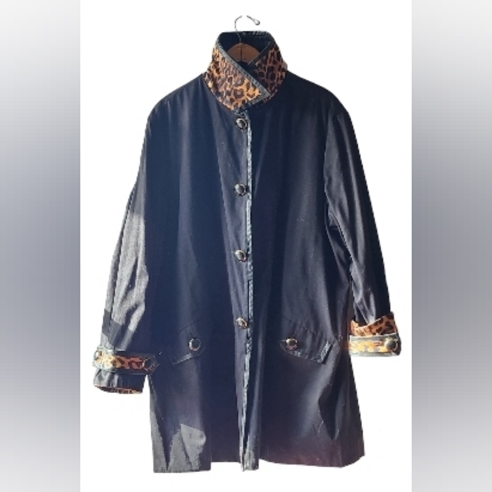 Jones of New York Coat Reversible Womens Trench Black/Animal Print Sz 3X - Picture 2 of 8